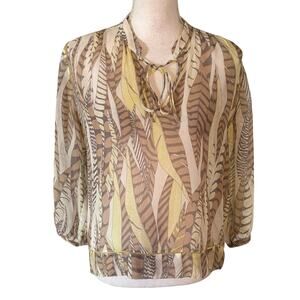 Club Monaco Size S 100% Silk Blouse Leaf Print Tropical Tie Neck